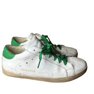 GooseShoesGolden Goose White Leather Green Glitter Superstar Sneakers Si…